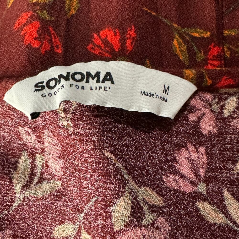 Sonoma Medium Top Floral Ruffled Long Sleeve Tie Keyhole Neck Dark Rust Multi - Picture 7 of 9